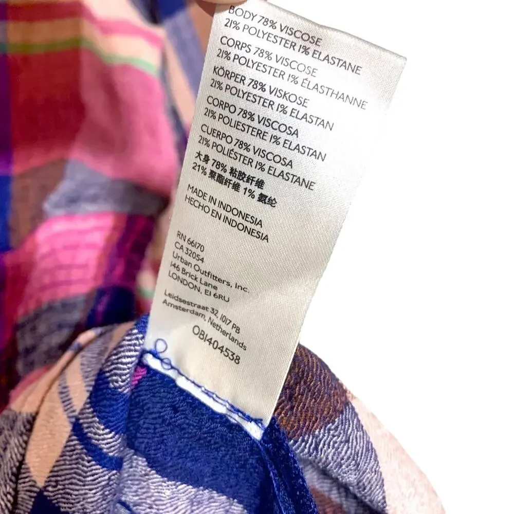 Pilcro Anthropologie Plaid Peplum Smocked Waist Long Sleeve Top Pink Navy Small
